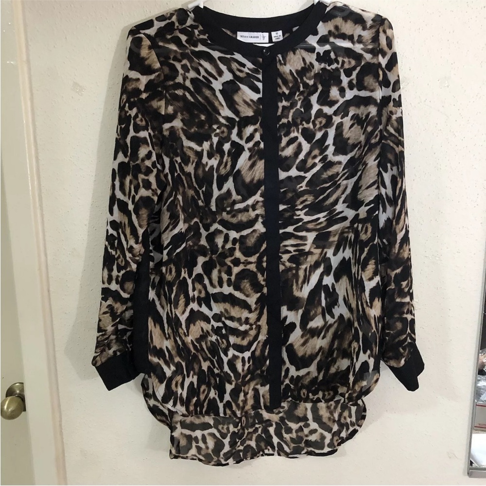 Susan Graver Women’s Leopard Print Tunic Top Size 10 Brown Black Preppy Office